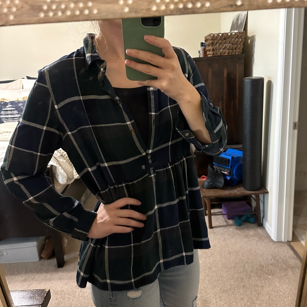 American Eagle Plaid Flannel Babydoll Peplum Top, Size M, NWOT